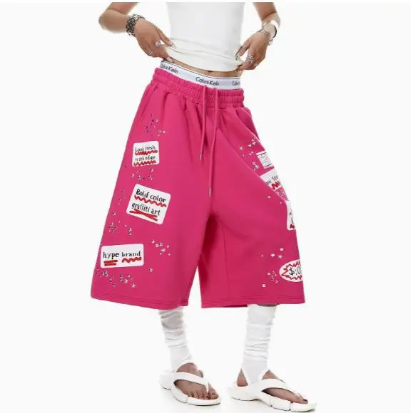 American hip-hop multibeam red rivet printed graphic five-pocket pants women summer loose jazz dance pants trendy summer Y2K