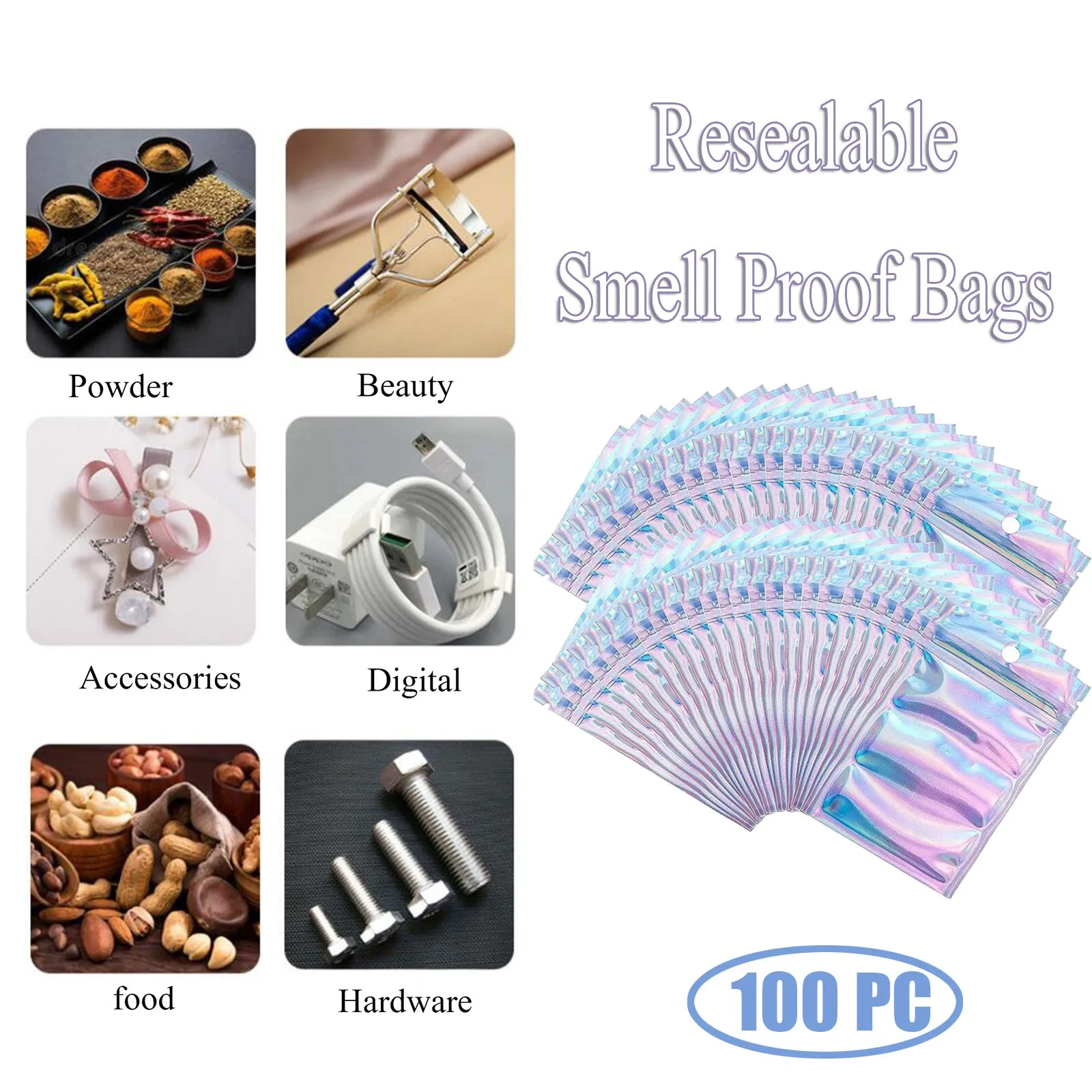 100 PC Resealable Smell Proof Bags  Ziplock Bags Flash Aluminum