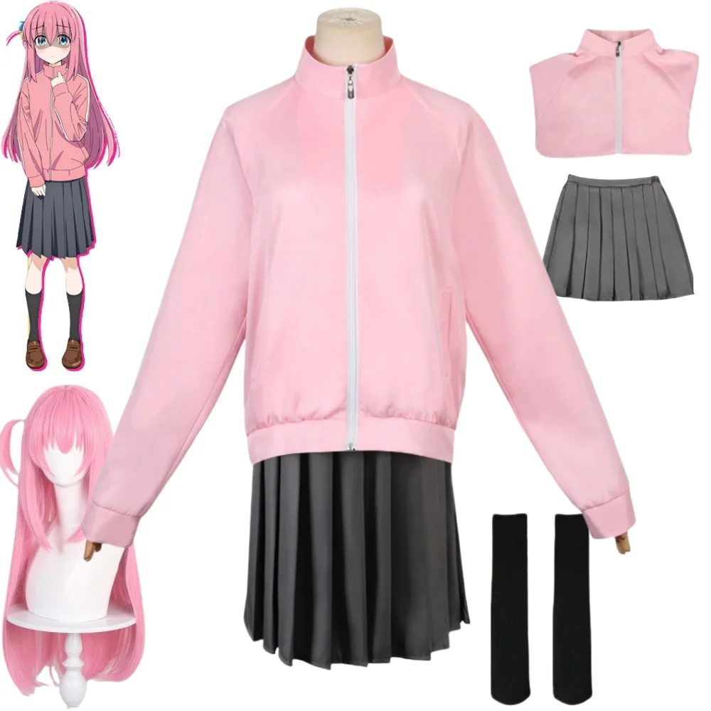 Gotoh Hitori Cosplay Costumes Bocchi The Rock Anime Pink Shirt Gray Pleated Skirt Socks Holloween Celebration