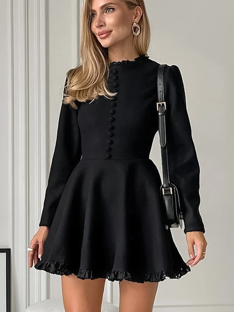 

FSMG Elegant Black Long Sleeve Lace Splice Dresses Fashion O-neck Ruffles Single Breasted A-line Mini skirt Lady Party Prom Robe