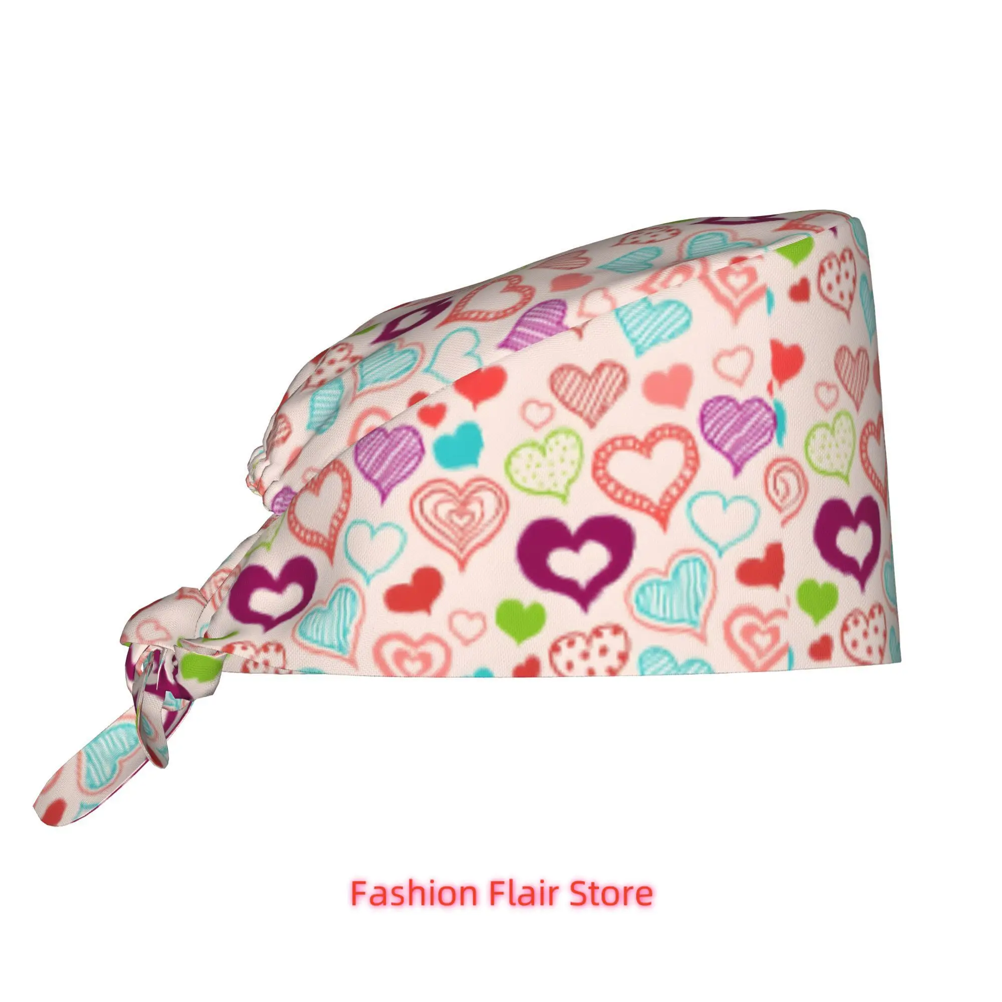 1pc Colorful Heart Print Unisex Adjustable Work Cap - Lightweight, Dustproof Nurse Hat with Tie-Back Design for Chefs, Cooks & H