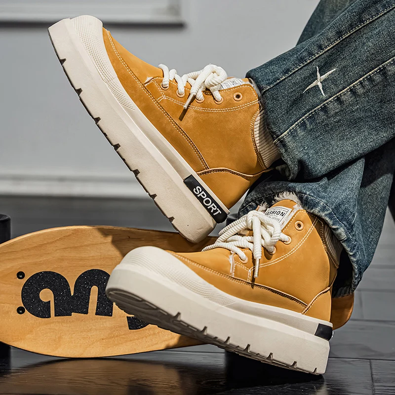 Imagen 7: Botas altas de otoño e invierno para hombre, botas de trabajo con superficie de cuero Retro informales cálidas con forro polar de estilo británico, resistentes al agua