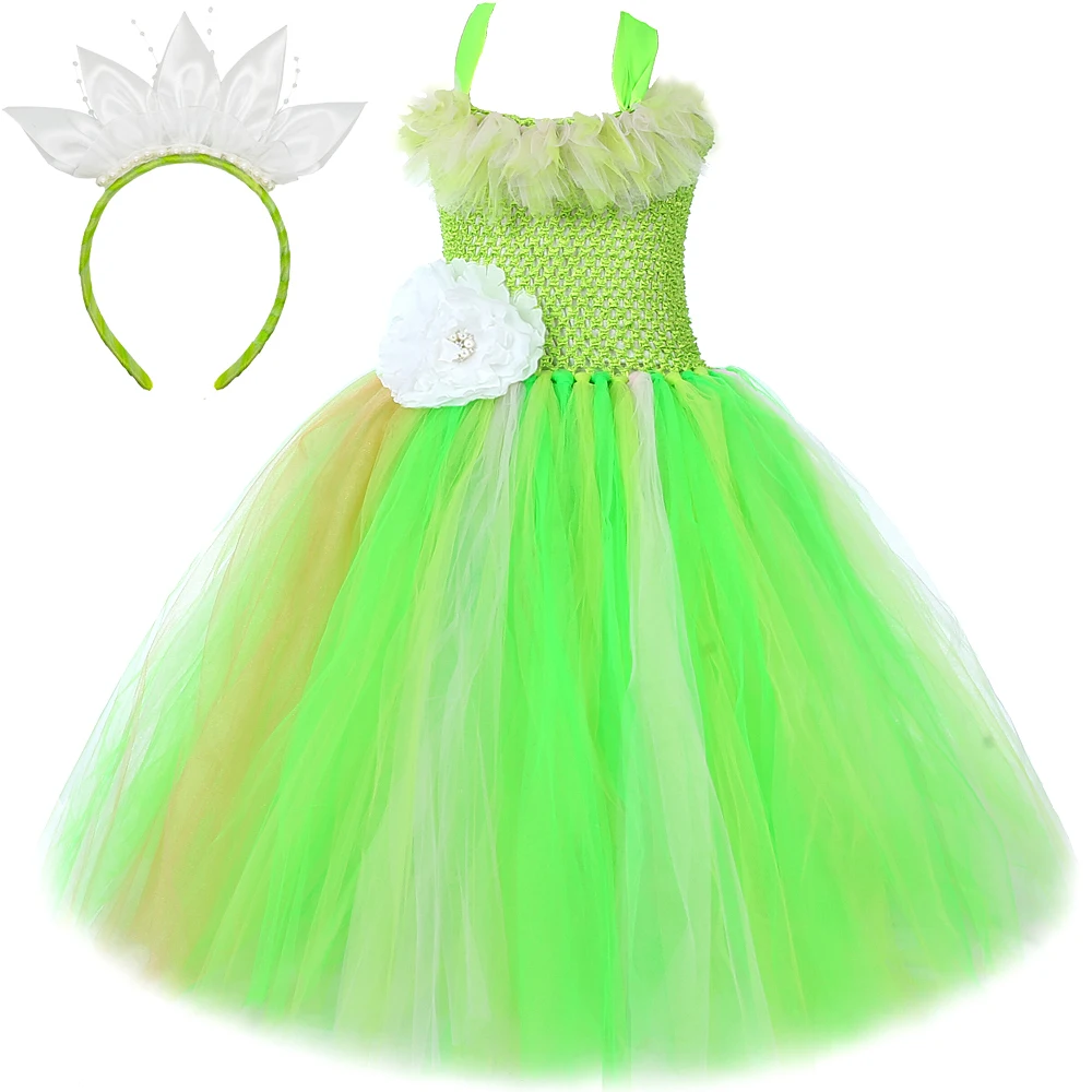 

Green Frog Princess Tianna Costume for Girls Halloween Christmas Long Tutu Dress with Lotus Hair Bow Kids Party Outfit Ball Gown