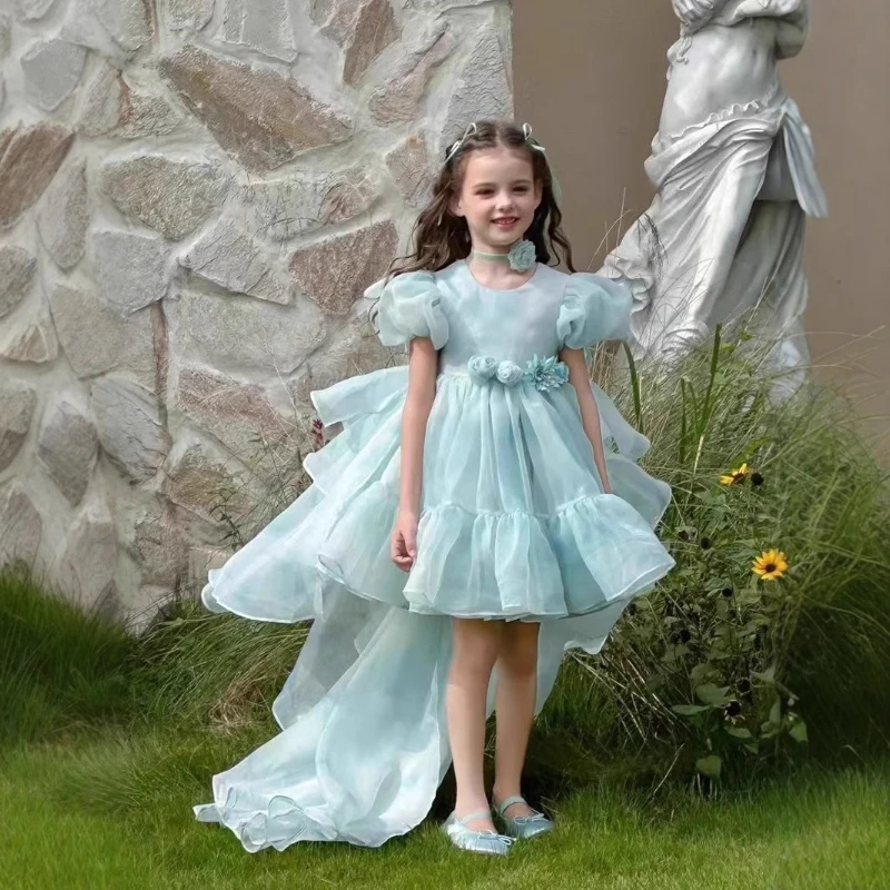 Flower Girl Wedding Dress Kids Girls Tulle Princess Gown with Puffy Party Pageant Formal Dresses Sleeves for Children Birthday