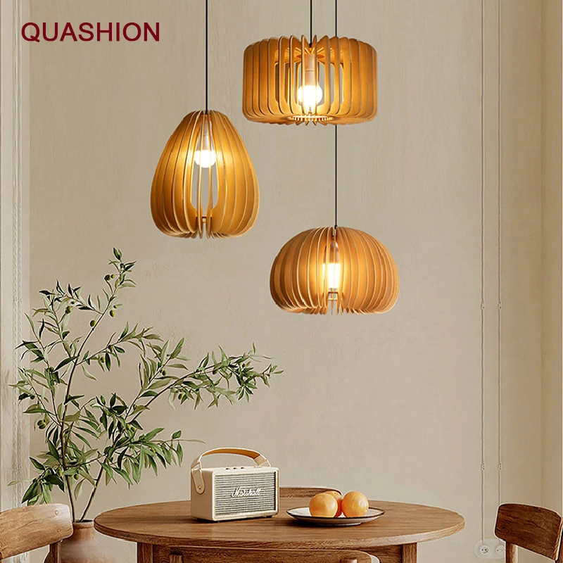 

Vintage Wood Pumpkin Pendant Light Nordic Retro Living Room Restaurant Bedroom Study Chandelier Idyllic Coffee Shop Creative