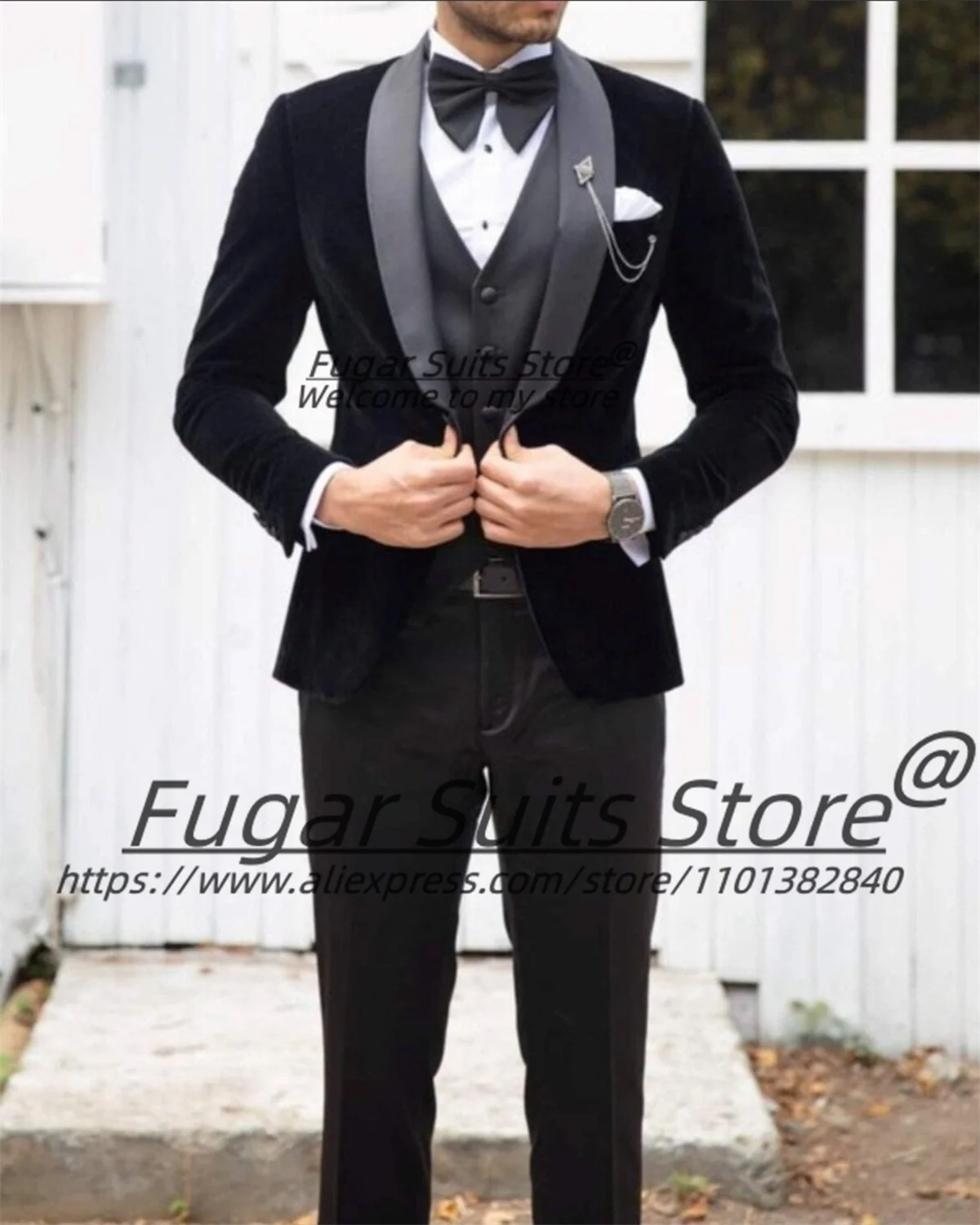 

High-end Black Velvet Wedding Suits For Men Slim Fit Shawl Lapel Groom Prom Tuxedos 3Pcs Sets Elegant Male Blazers Costume Homme