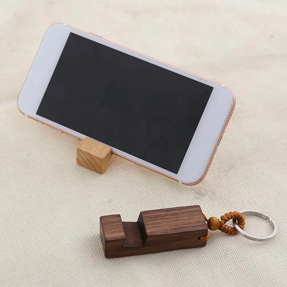 Creative Portable Phone Stand Keychain Wooden Cell Phone Holder Lightweight Universal Desktop Bracket for Smartphones Video