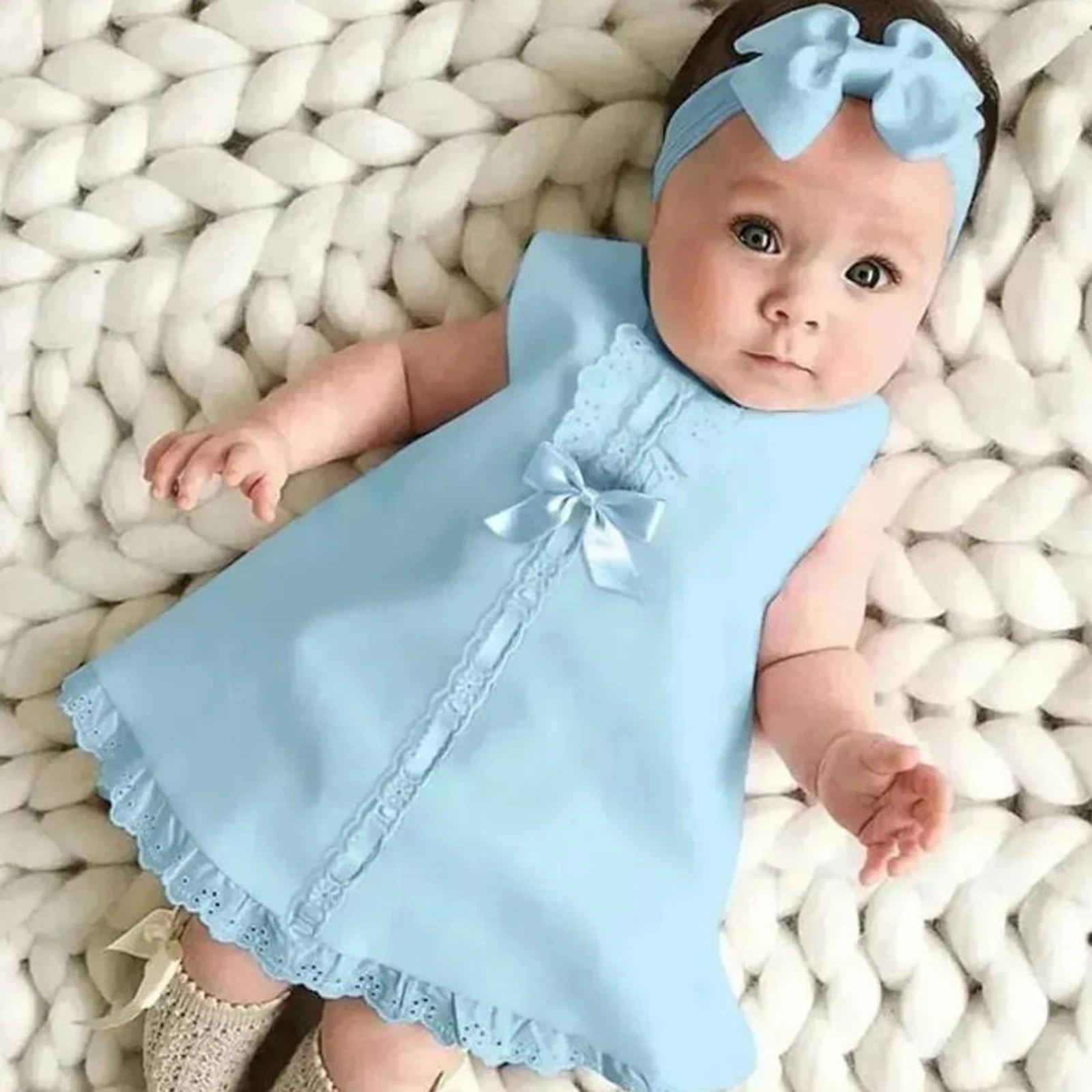 Lovelys Baby Girls Summer A-line Dresses Sleeveless O Neck Lace Trim Bow Dress Headband Baby Sundress Clothes