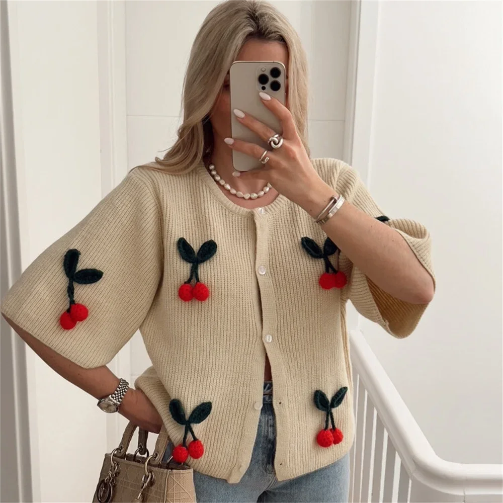 3D Cherry Knit Shirts Women Fashion O-neck Single Breasted Half Sleeve Open Stitch Female Blouses 2024 Spring Summer Lady Tops