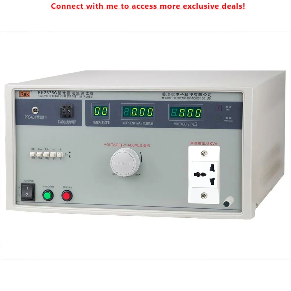 

Rek RK2675C Leakage Current Tester Transformer Capacity 2000VA, Voltage 0-250V, Current 0-20mA, Accuracy 5%