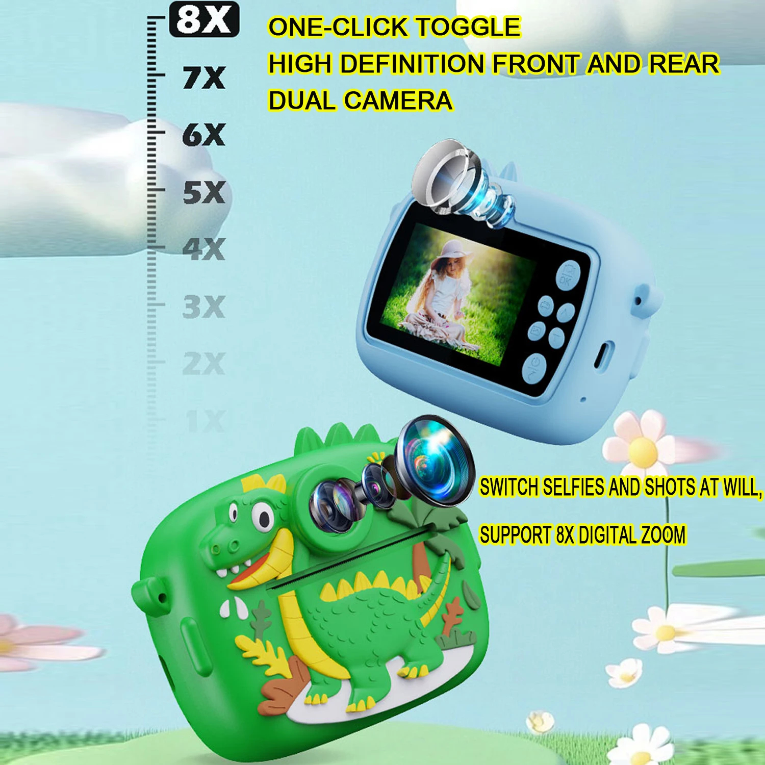 Niedliche kleine Dinosaurier-Form, Sofortdruckkamera, 32 GB Speicherkarte, 1080P HD, Dual-Kamera, Sofortdruck mit 3 Rollen Druckerpapier
