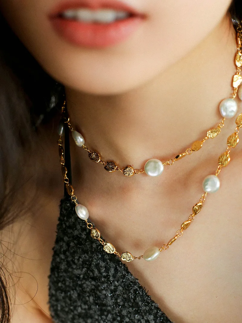 

Brass Natural Freshwater Baroque Pearl Coins Necklace Women Jewelry Punk Designer Runway Rare Gown Boho Japan Korean