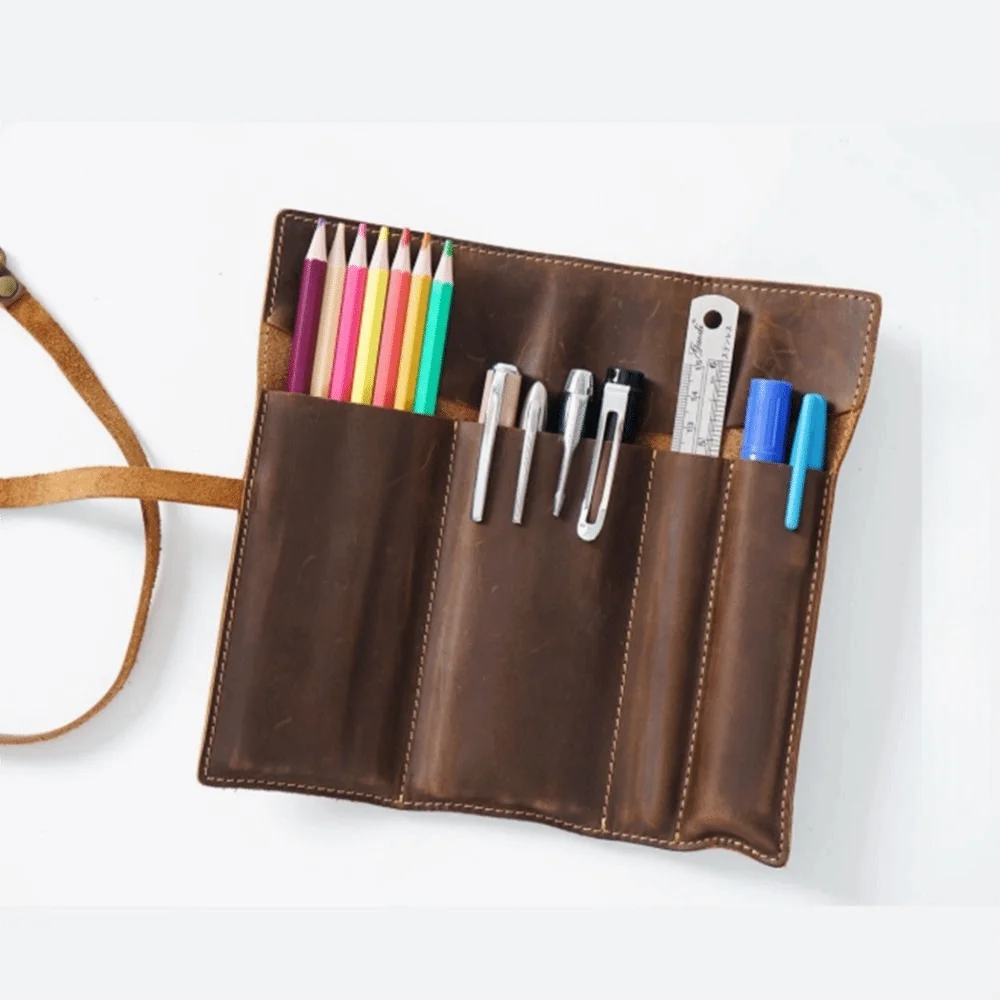 Cowhide Leather Pen Bag Multi-Compartment Retro Pencil Roll Bag Tie Rope Multi-colors Vintage Cowhide Pencil Case Literary Style