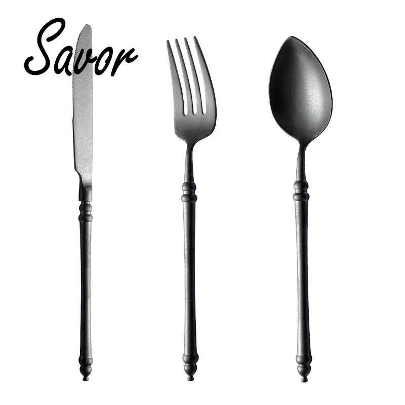 Retro Scrub 304 Stainless Steel Flatware Kitchen Cutlery Steak Knife Fork Spoon Dessert  Vintage restaurant