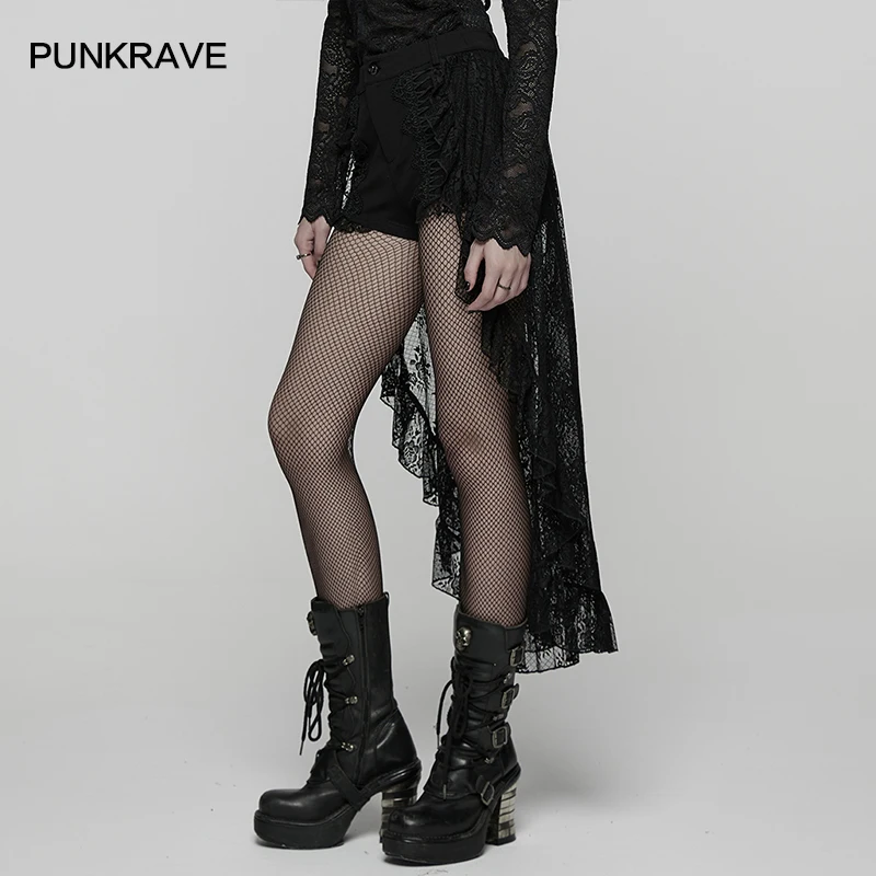PUNK RAVE Dames Gothic Retro Hoog-laag Kanten shorts met ruches Punk Uniek Niet-afneembaar Skort-ontwerp uit één stuk Donkere korte broek