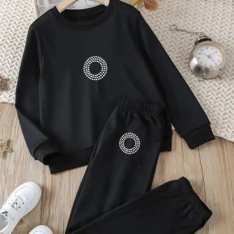 2023 damski strój cyrkonie z nadrukiem listowym luźny 2 dwuczęściowy zestaw dres Streetwear bluza + spodnie joggery bluza Femme