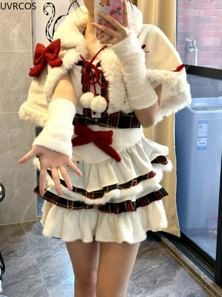 Japanese Sweet Style Bow Tie Cape Coat with Contrasting Cuffs and A Short Puffy Dress for Christmas Party and Dating Set.
