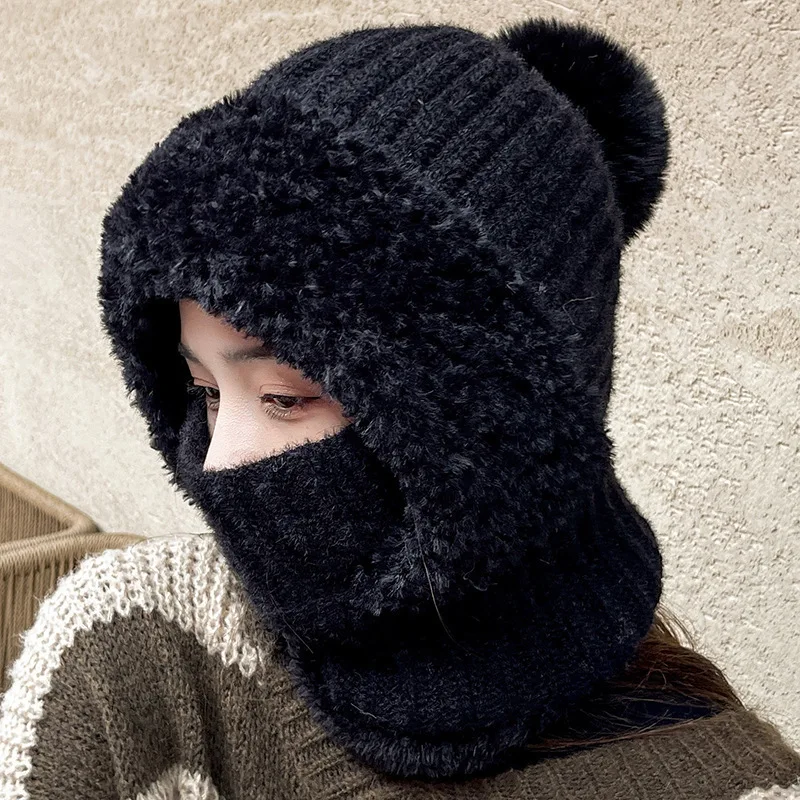 

New Warm Scarf Mask Integrated Hat Pompom Windproof Pullover Cap Coldproof Neck Warmer Women