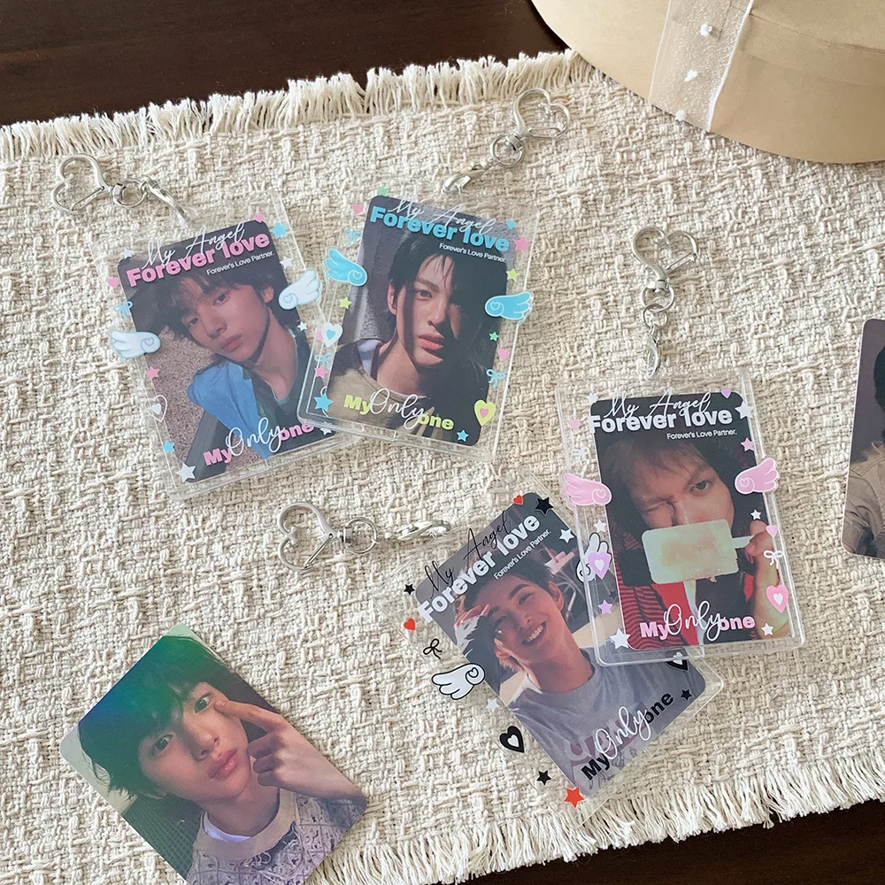 Y2K Korean Fashion Acrylic Angel Wings 3in Photo Card Holder Cute Girl Backpack Pendant Decoration Keychain Storage Card Bag