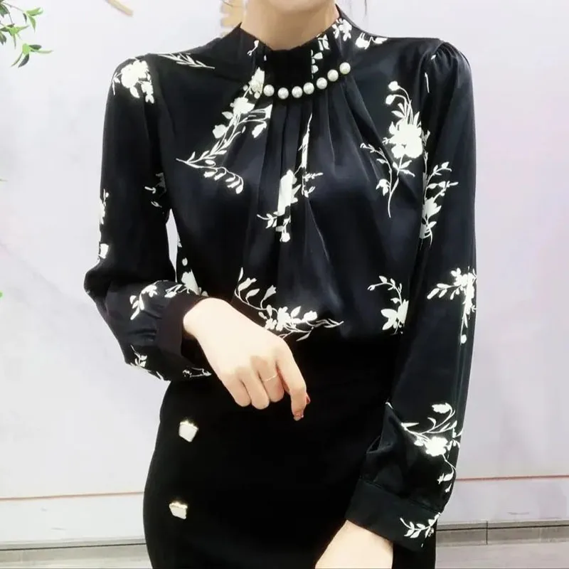 Korean Beading Spliced Fashion Printed Shirt Female Elegant All-match Long Sleeve Folds Half High Collar Blouse Women\'s Clothing