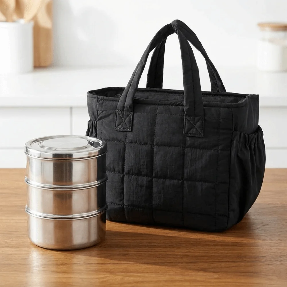 Solid Color Quilted Lunch Bag Thickened Waterproof Insulated Handbag with Bottle Pocket Durable Insulated Lunch Tote