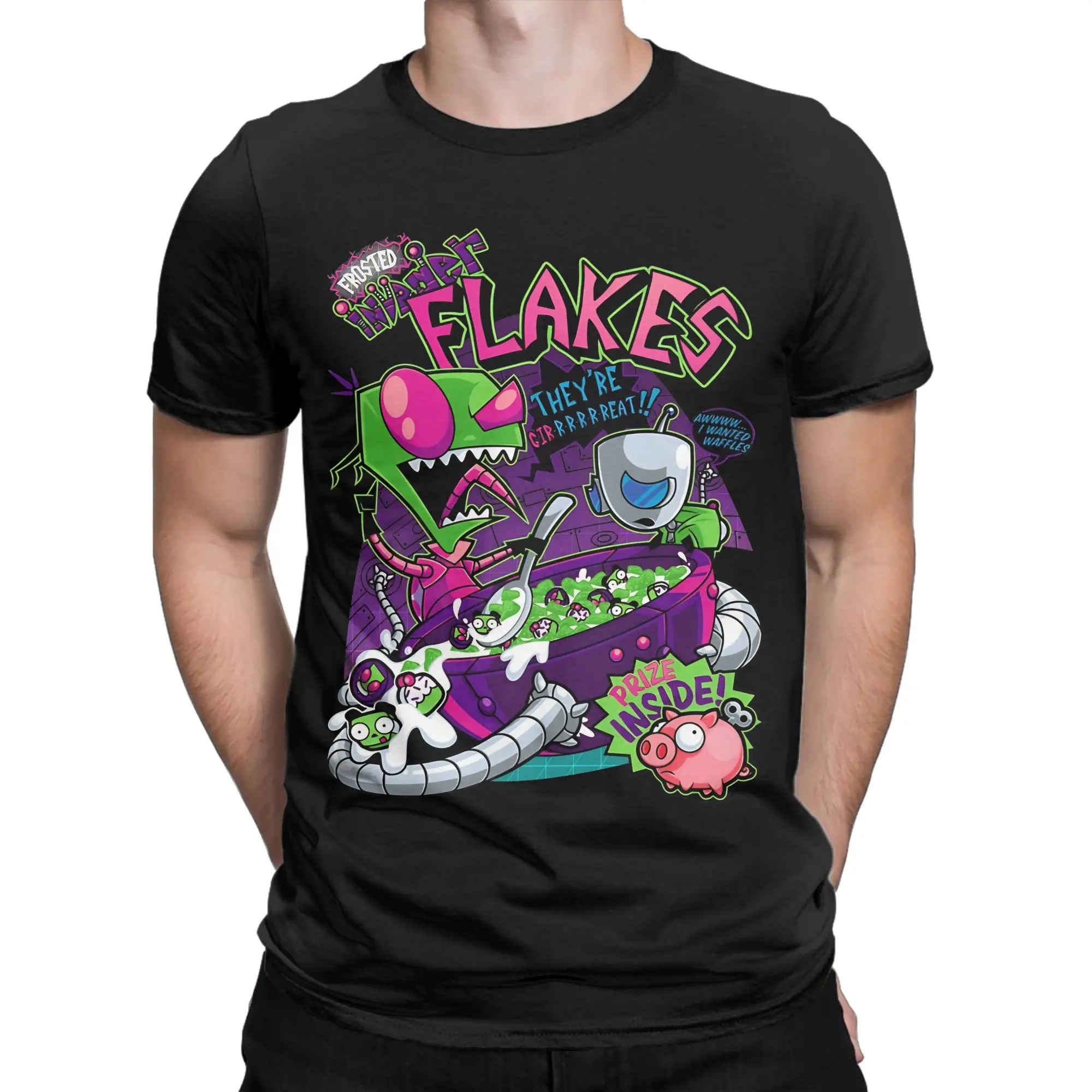 Men's T-Shirt Invader Flakes Funny Pure Cotton Tee Shirt Short Sleeve Invaders Zims T Shirt Crewneck Clothing Summer