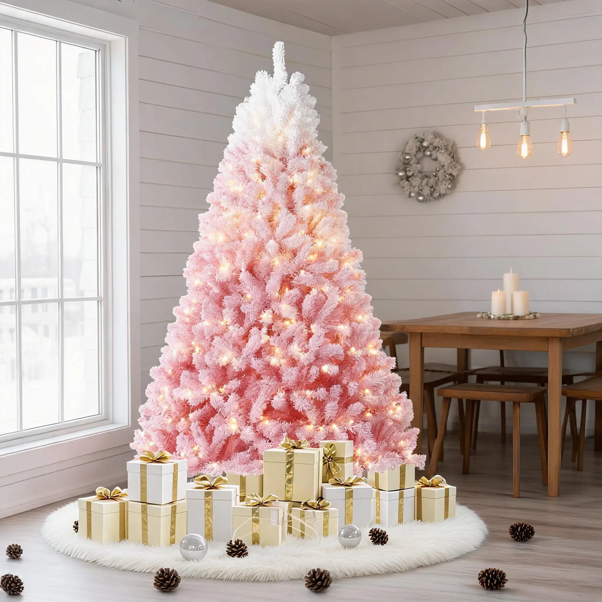 Pink Flocked Prelit Christmas Tree 9 FT, Artificial Xmas Tree with Warm White Lights & Metal Stand, Snow Flocked Holiday Decor for Girls Room