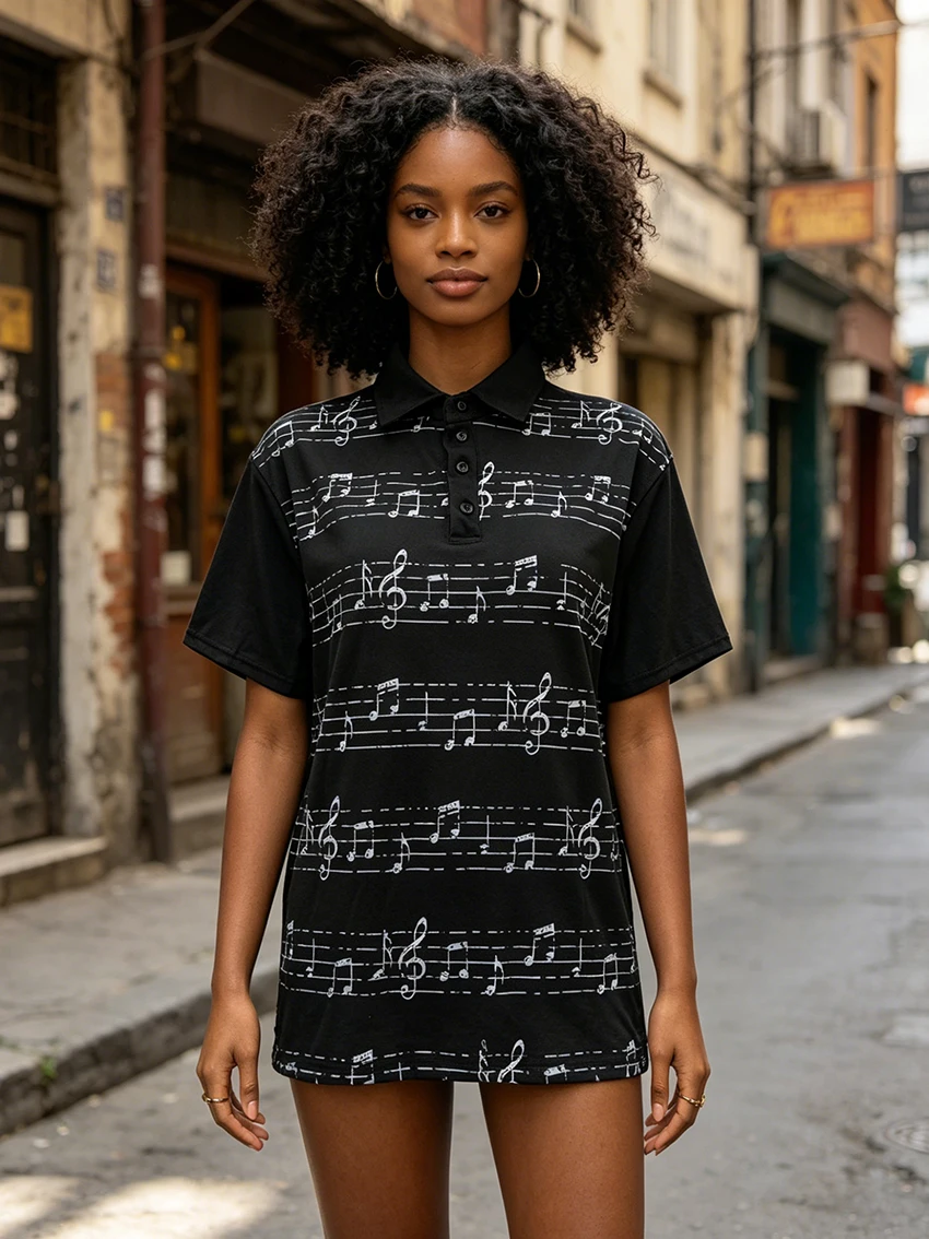 Women Y2K Music Note Print Polo Shirt Black Short Sleeve Collared Tops Fashionable Casual Vintage Aesthetics Streetwear Blouse