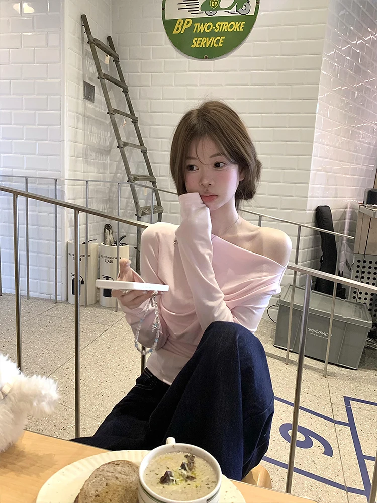 

Корейская розовая футболка с длинными рукавами и окантовкой, женский облегающий топ с завязками на талии