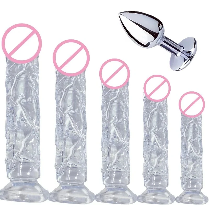 Egg Free Dildo+metal Anal Plug Set Crystal Transparent Simulation Penis Female Manual Masturbator Sex Toy Suction Cup Fake Penis