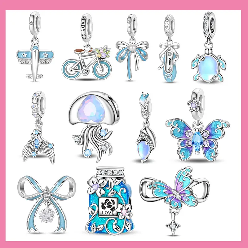 925 Sterling Silver Blue Airplane Charms Beads Fit Original Bracelets Bag Keychain Charms Beads Pendant Diy Women Jewelry Gift