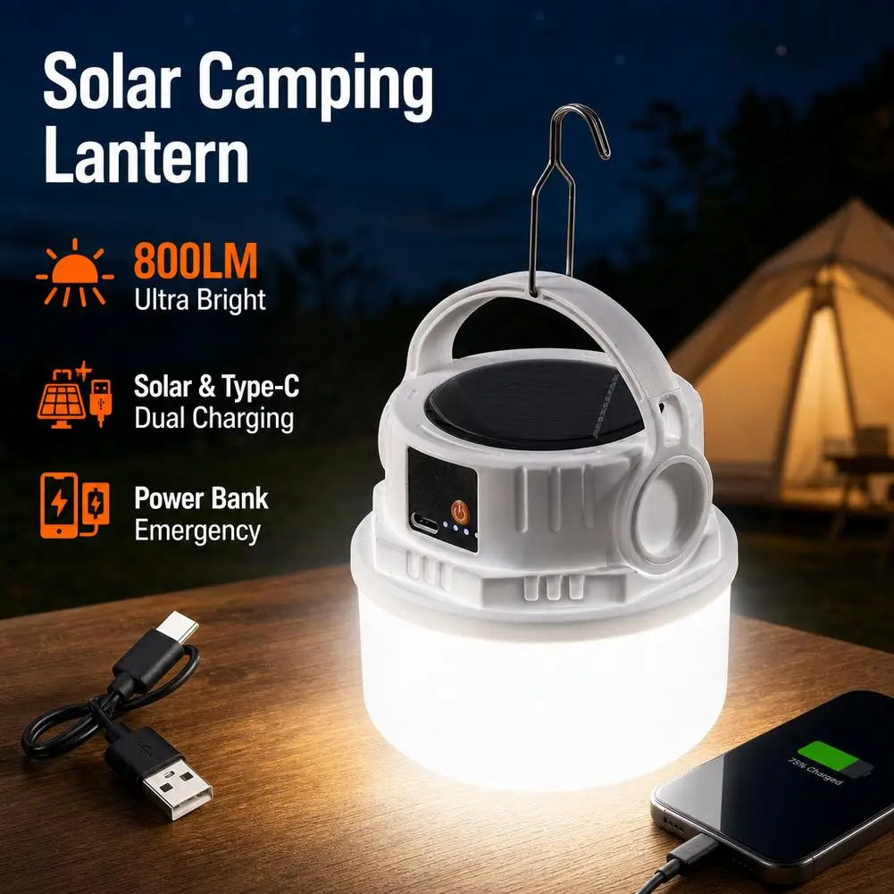 Outdoor Hanging Solar Camping Light Rechargeable LED Camping Light COB with Digital Display For Mountain Camping