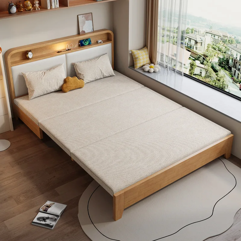 

Foldable solid wood sofa bed dual-purpose small apartment study Internet celebrity home expansion without armrests pull-out