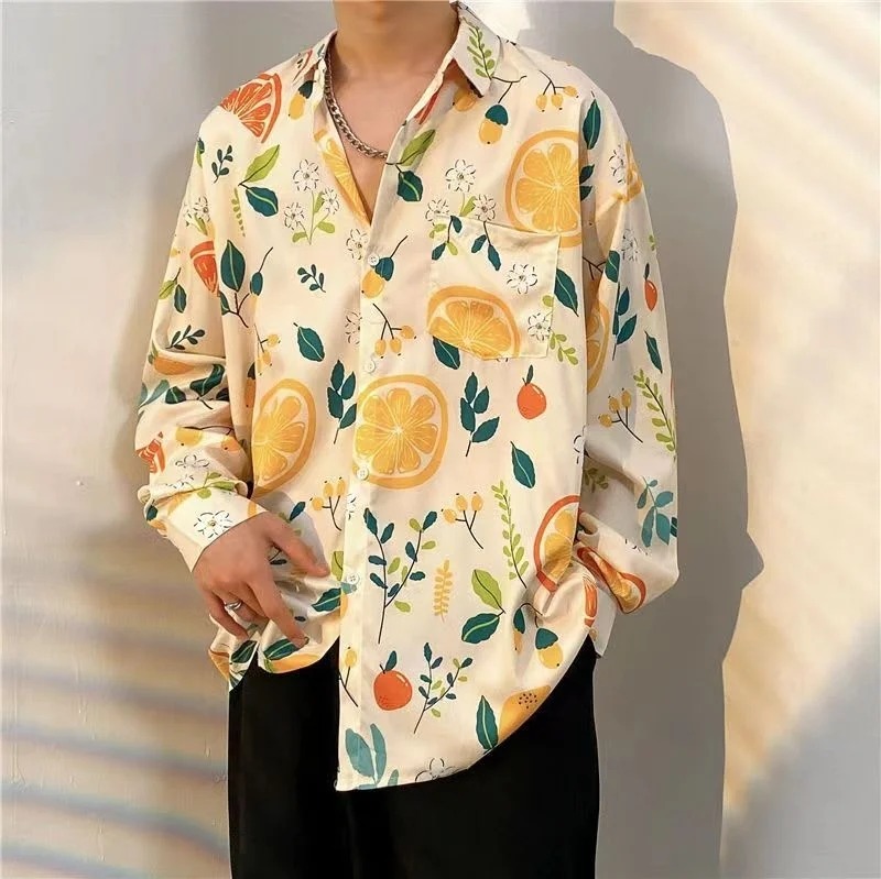 Yellow Lemon Shirt Men Green Leaf Print Casual Shirts Spring Summer Blouses Long Sleeve Novelty Oversized Tops Holiday Clothes