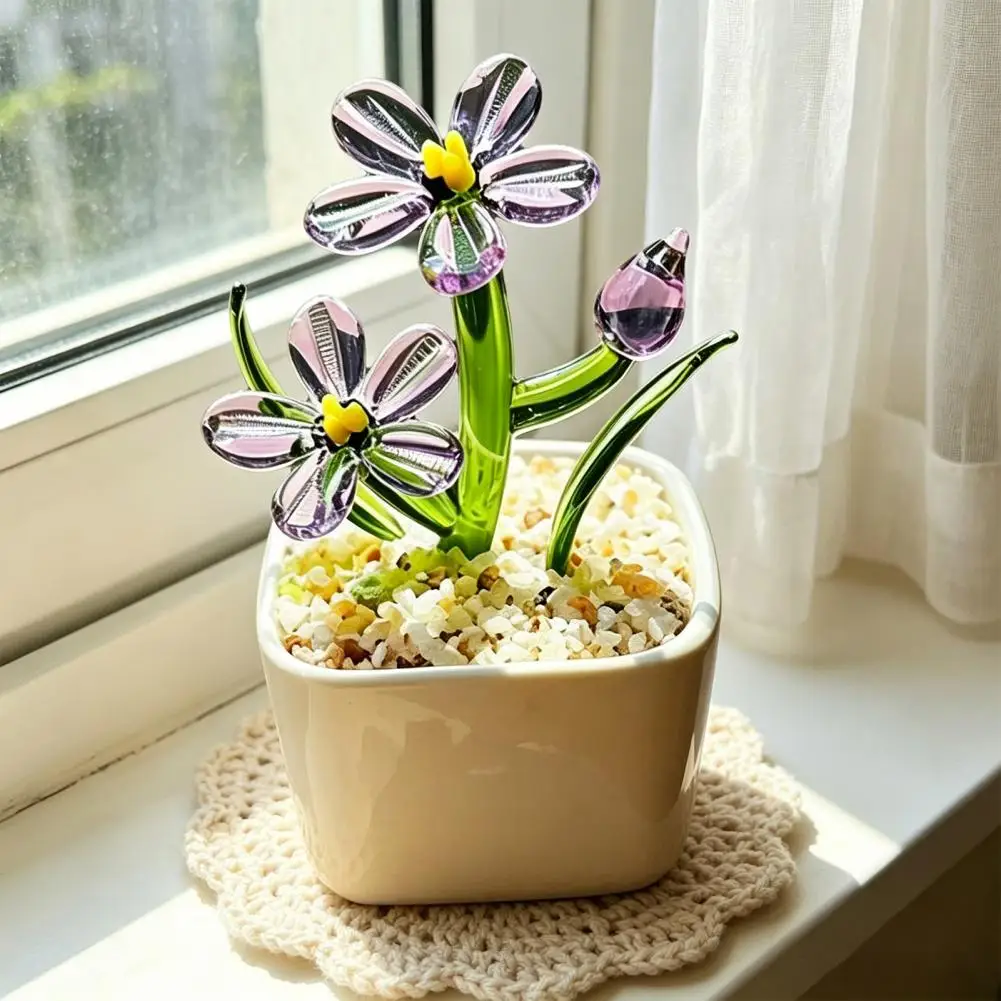 Mini Glass Flower Decorative Glass Flowers Hand Blown Glass Flower Figurine Pot Handmade Forget-me-not Everlasting Tulip for Mom