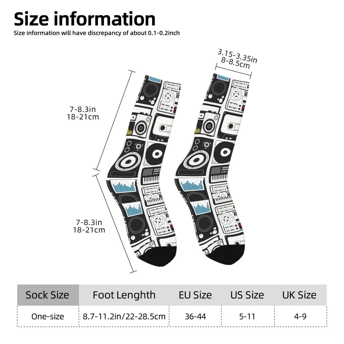 Funny Happy Sock for Men Records Radio Cassettes Vintage Music Pattern Printed Crew Sock