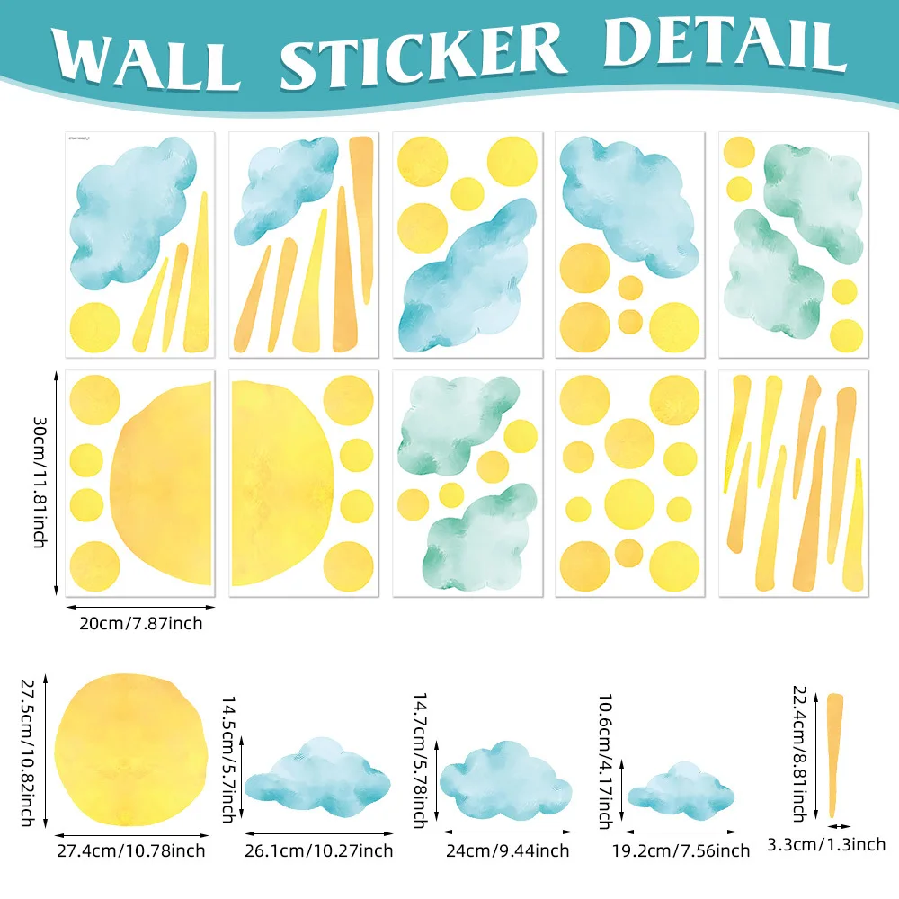 ขายร้อนดวงอาทิตย์เมฆการ์ตูนสติ๊กเกอร์ติดผนังสีน้ําเด็กห้องนอนสติ๊กเกอร์ตกแต่ง PVC Self-Adhesive