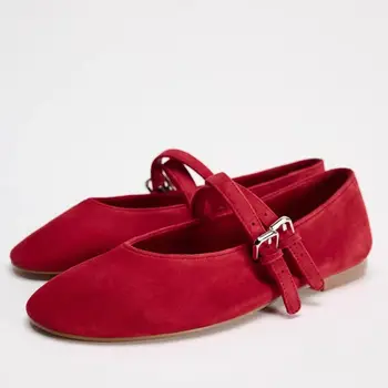 TRAF kadın kırmızı Mary Jane ayakkabı yumuşak deri konfor bale daireler 2024 Aautumn yeni bayanlar çift ince şerit bale düz ayakkabı