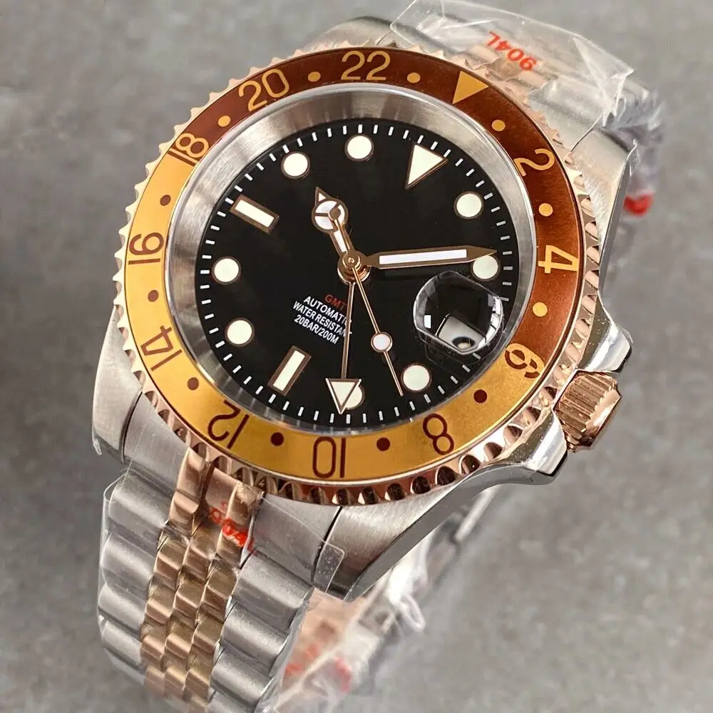 NH34A GMT 40mm Tandorio 20ATM Brown Golden Automatic Men Watch Date Bracelet