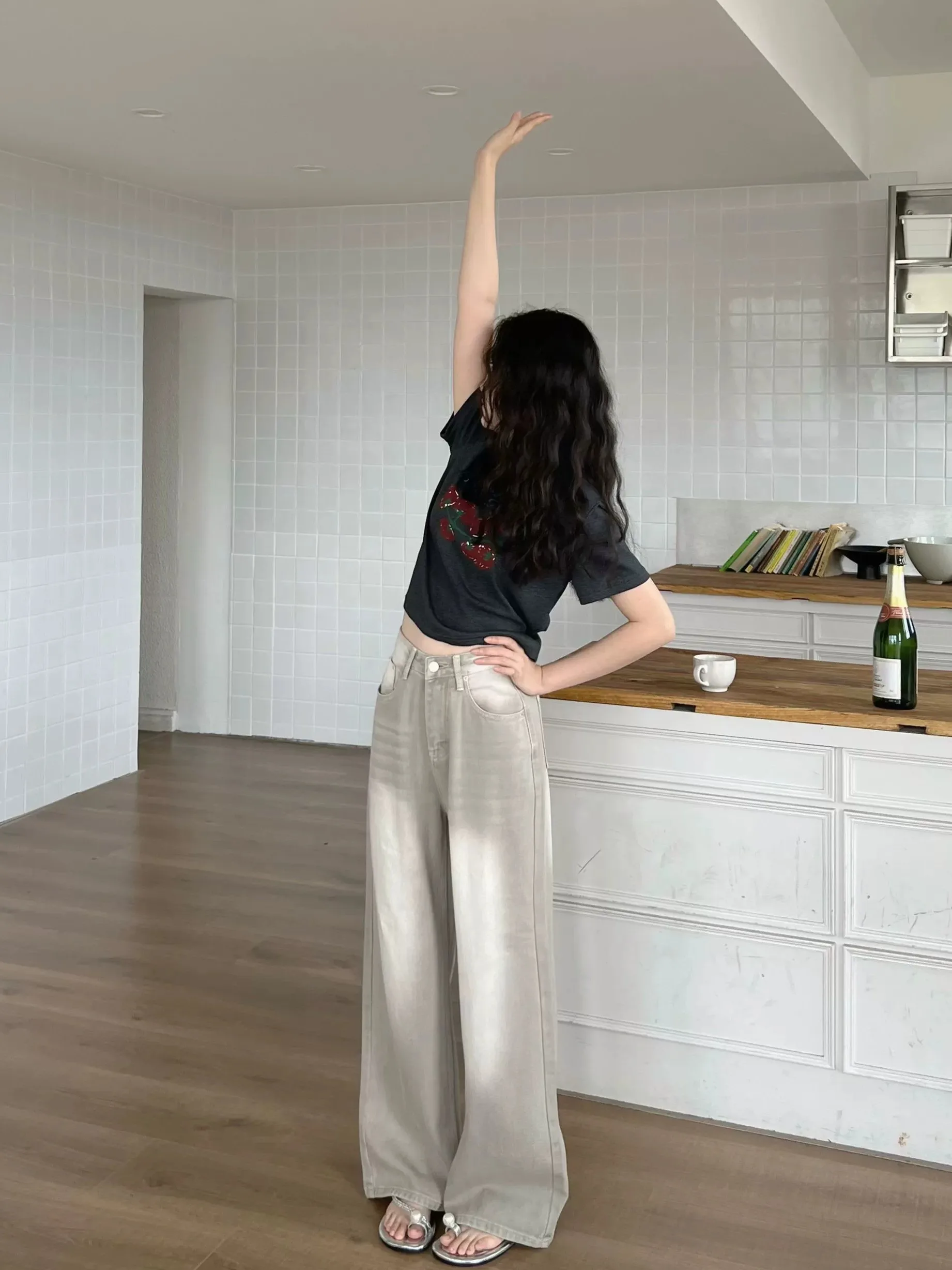 

Оригинальный дизайн, прямые джинсы с высокой талией, женские весенне-осенние новые широкие длинные брюки с завышенной талией, повседневные хлопковые брюки