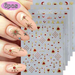 6Pcs Red Heart Rhinestone Gems Nail Stickers 3D Bronzing Gold Sun Moon Starlight Metallic Slider Decals Adhesive Jewels Stickers