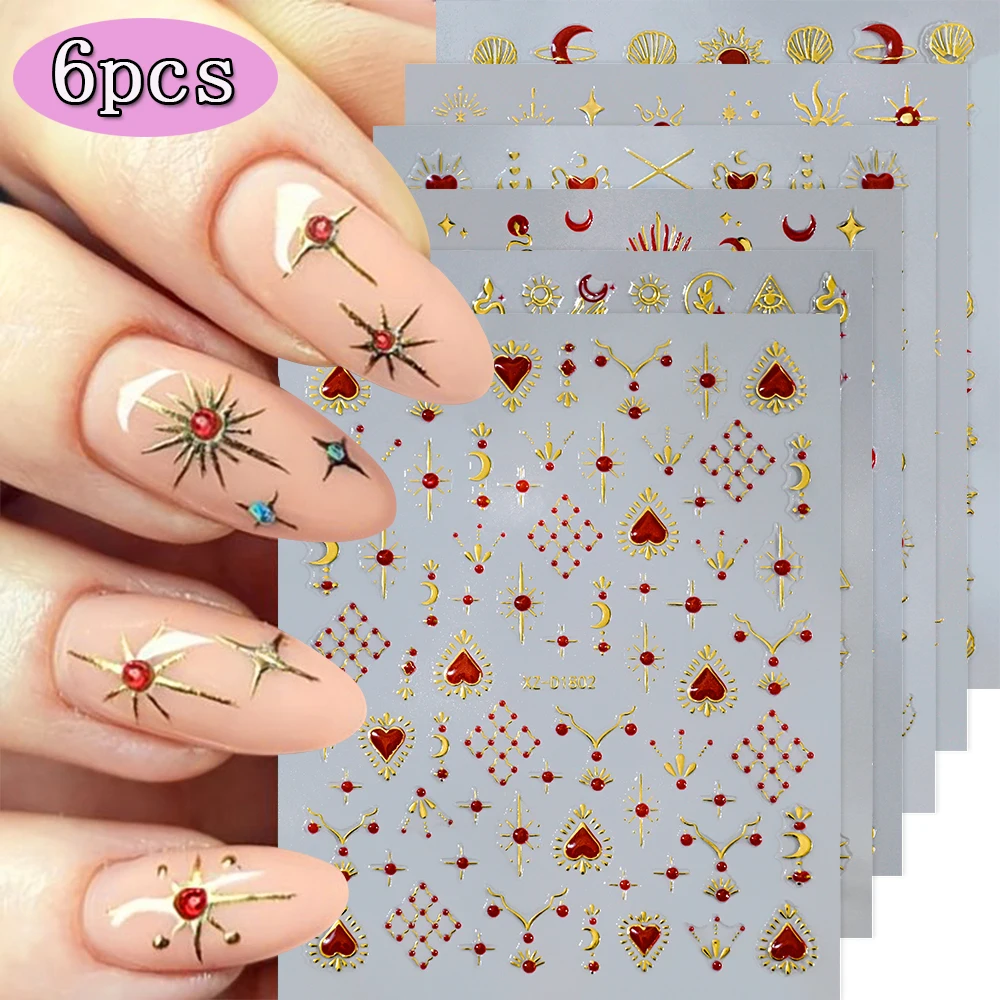 6Pcs Red Heart Rhinestone Gems Nail Stickers 3D Bronzing Gold Sun Moon Starlight Metallic Slider Decals Adhesive Jewels Stickers