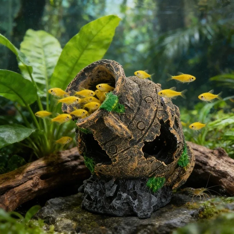 Sunken Broken Jar Aquarium Decoration Resin Cave Hideout for Fish Shrimp Tank Landscape Ornament Shelter Breeding Spawning