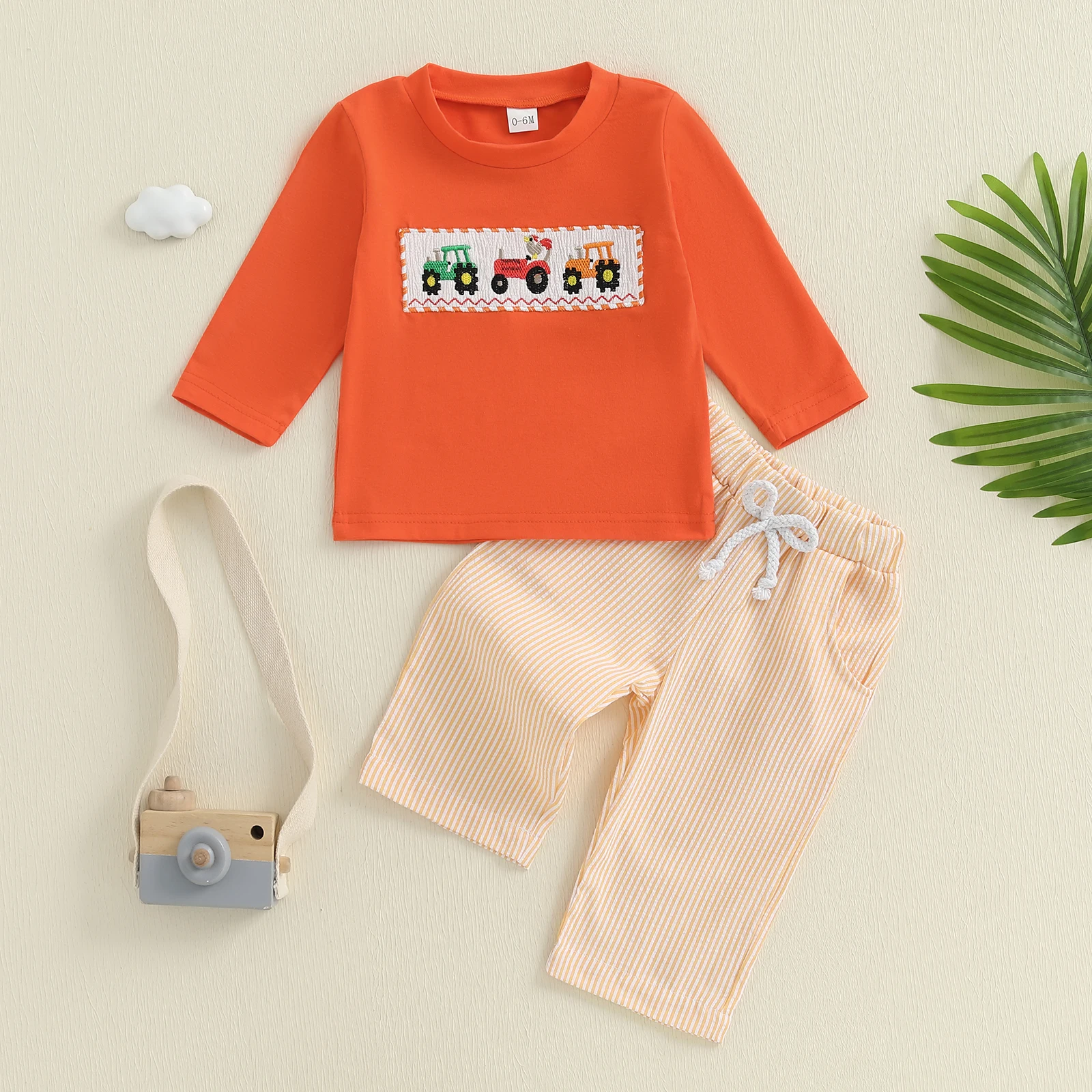

SUNSIOM 0-3 Years Kids Boys Fall Clothes Sets Long Sleeve O Neck Farm Car Embroidery Tops Striped Pants 2Pcs Sets