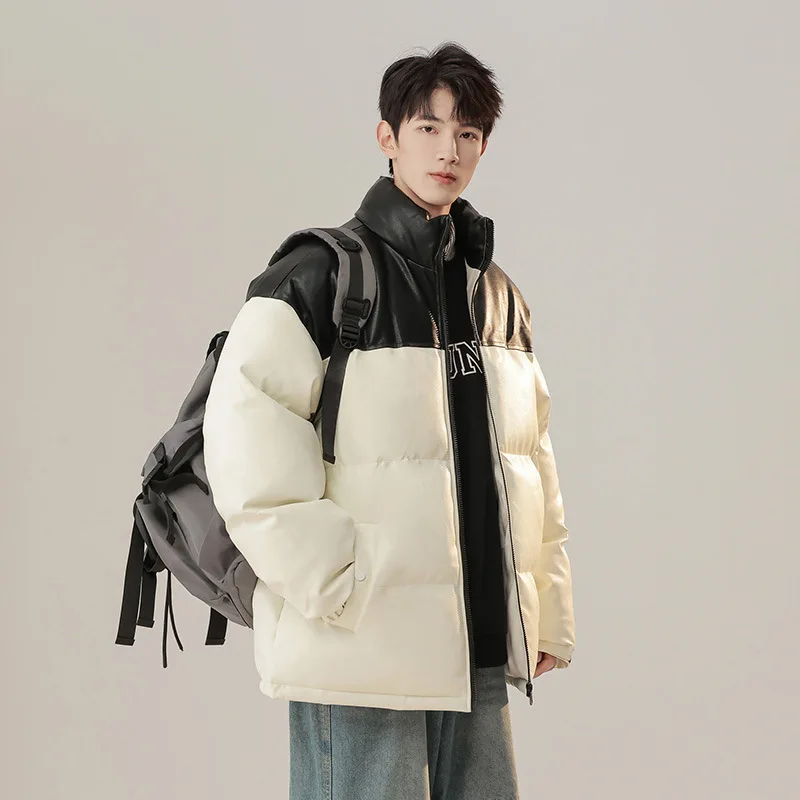 

Cotton-Padded PU Leather Man Puffer Jacket, Winter Stand Collar Men's Thickened Coat, Outerwear Parkas For Teenagers