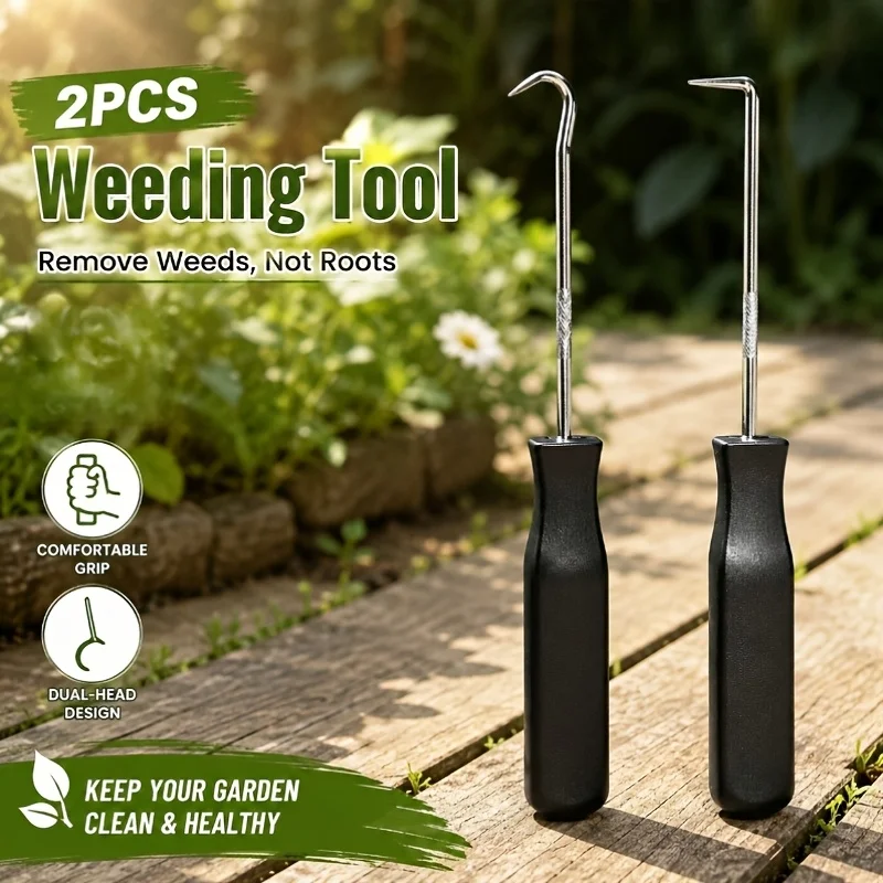 2PCS Patio Crack Weeder Tool Set, Stainless Steel Weed Hook with Ergonomic Handle, Weed Remover for Pavers, Driveways, Garden Cr