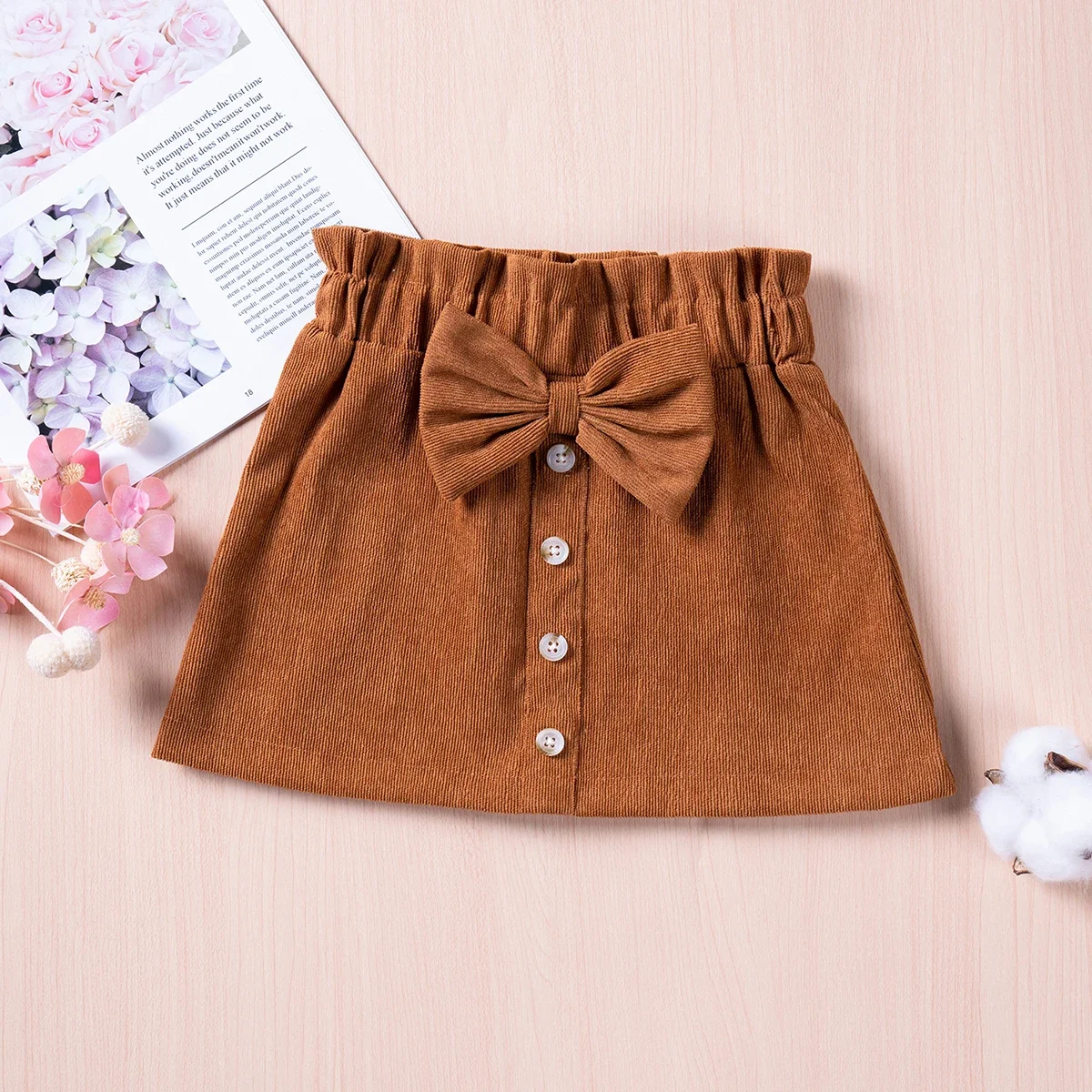 Toddler Girl Short Skirt with Bow Elastic Brown Solid Button Skirt with Bow Decor Casual Spring Fall Girls Bottoms