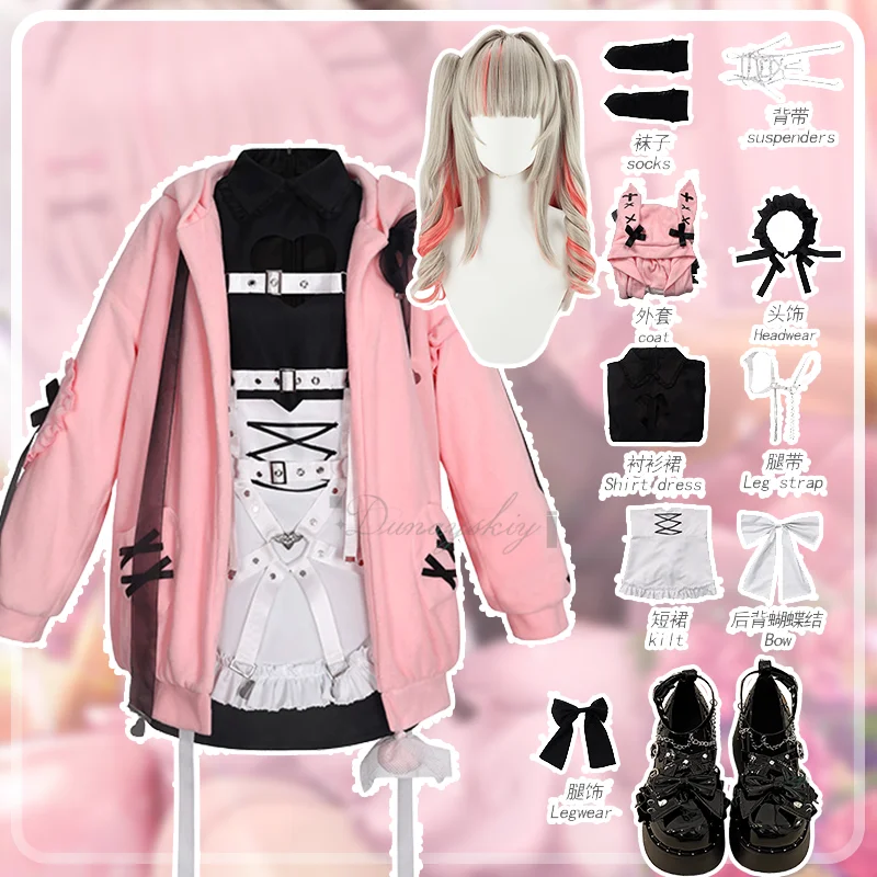 

Cute Pink Coat Maid Dress VTuber Virtual Idol Makaino Ririmu Cosplay Costume Accessories Full Set For Halloween Cosplay Wig Suit