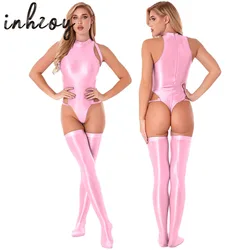 Womens Glossy High Cut Bodysuit One Piece Sleeveless Leotard with Stocking Set Stretchy Tights Oil Shiny Swimsuit Swimwear