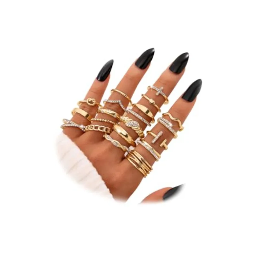 

KISS WIFE Golden Silvery Black Kunckle Rings Set for Women, Dainty Simple Trendy Cute Stackable Finger Rings Pack, Perfect for